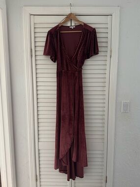 Baltic Born Ribbed Velvet High-Low Wrap Dress in Dark Rose